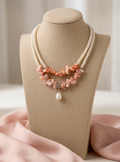 The Aurora Double-Strand Baroque Pearl & Coral Chip Necklace