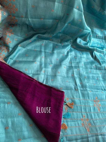 Teal Raw silk embroidery saree