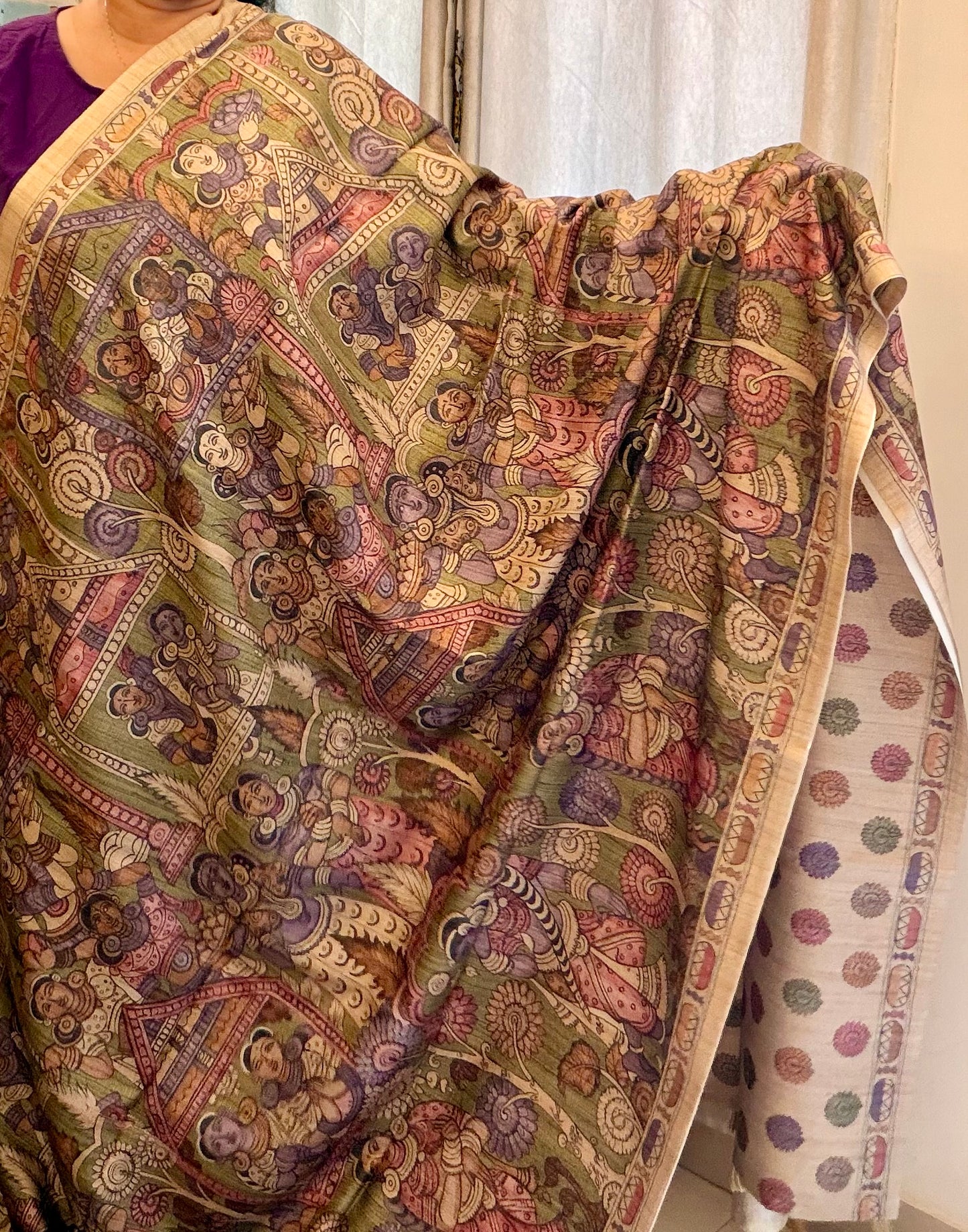 Archaic Elegance: Lilac and Olive Green Kalamkari Tussar Collection