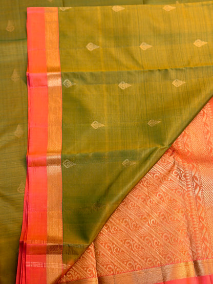 Pure Silk Parrot Green with Coral Pink Zari Border Saree
