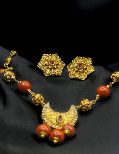 Amara Crescent Necklace Set in Red Jasper and Antique Gold