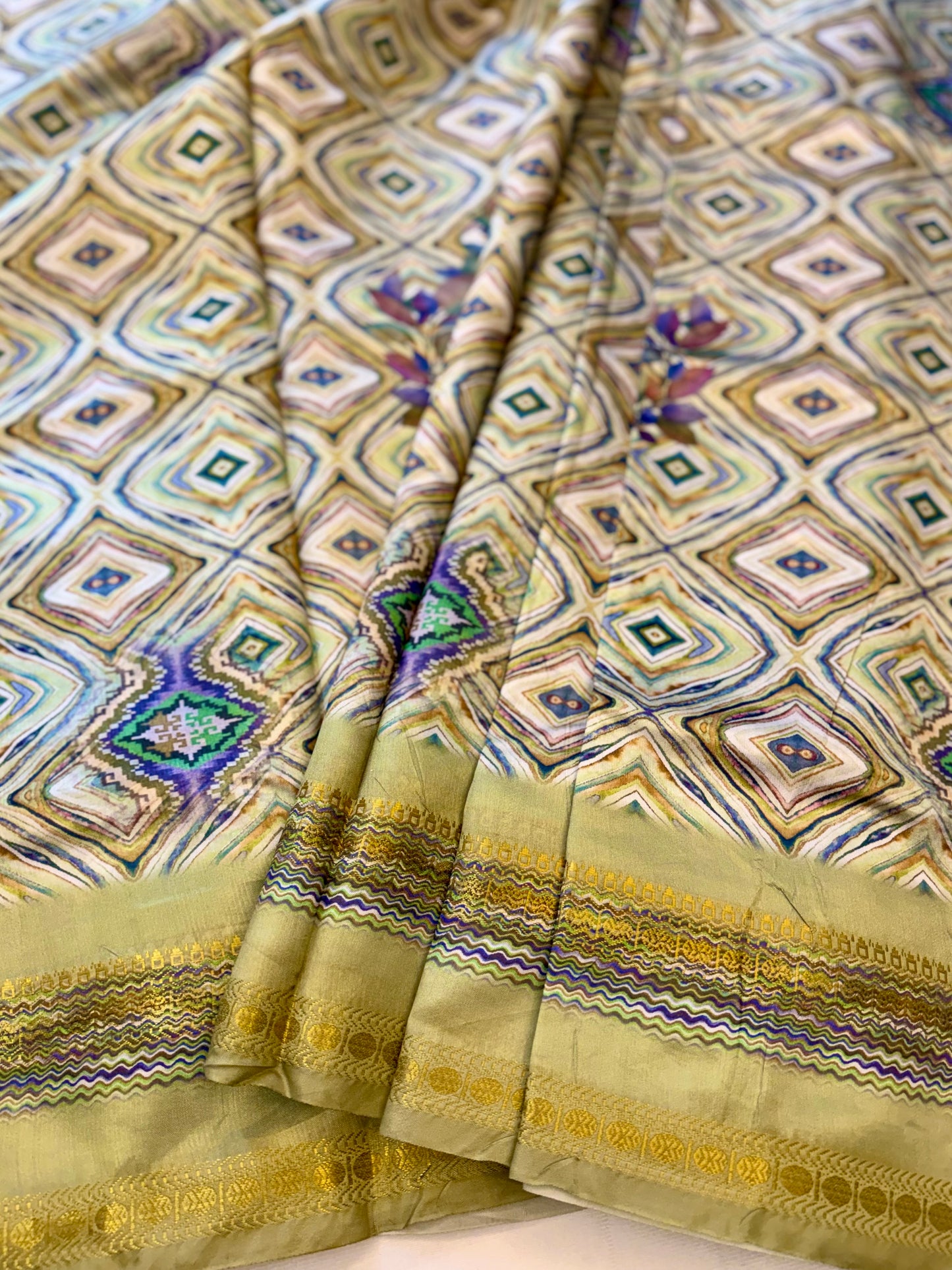 The Avant-Garde Mosaic Silk Saree – Olive & Sage with Abstract Geometric Ikats
