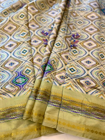 The Avant-Garde Mosaic Silk Saree – Olive & Sage with Abstract Geometric Ikats