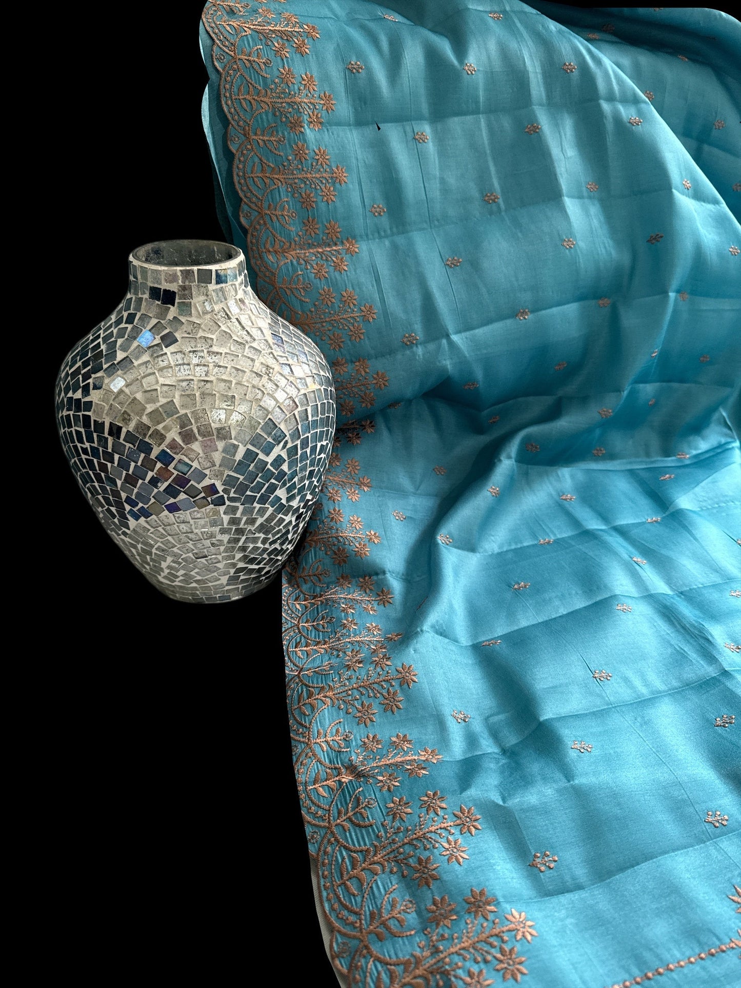 Teal Raw silk embroidery saree