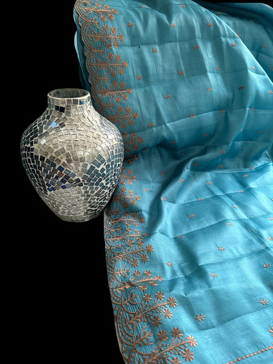 Teal Raw silk embroidery saree