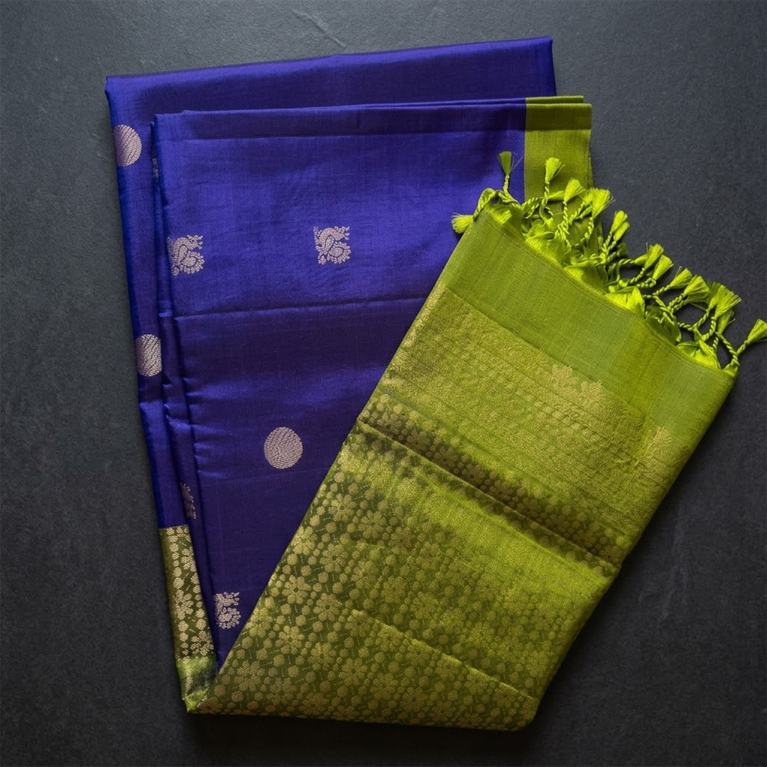 Midnight & Moss: Navy Blue and Olive Green Pure Silk Saree