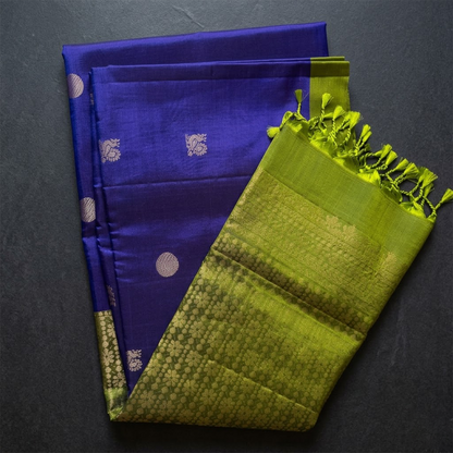 Midnight & Moss: Navy Blue and Olive Green Pure Silk Saree