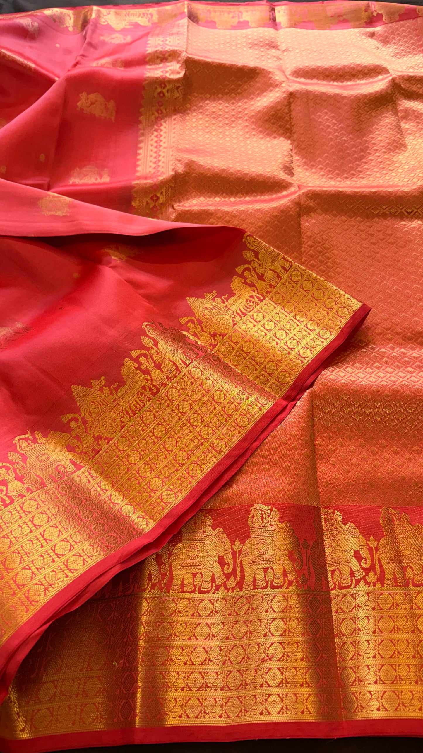 Pure Peach Kanchipuram Silk Saree | Gold Zari Procession Border & Brocade Pallu
