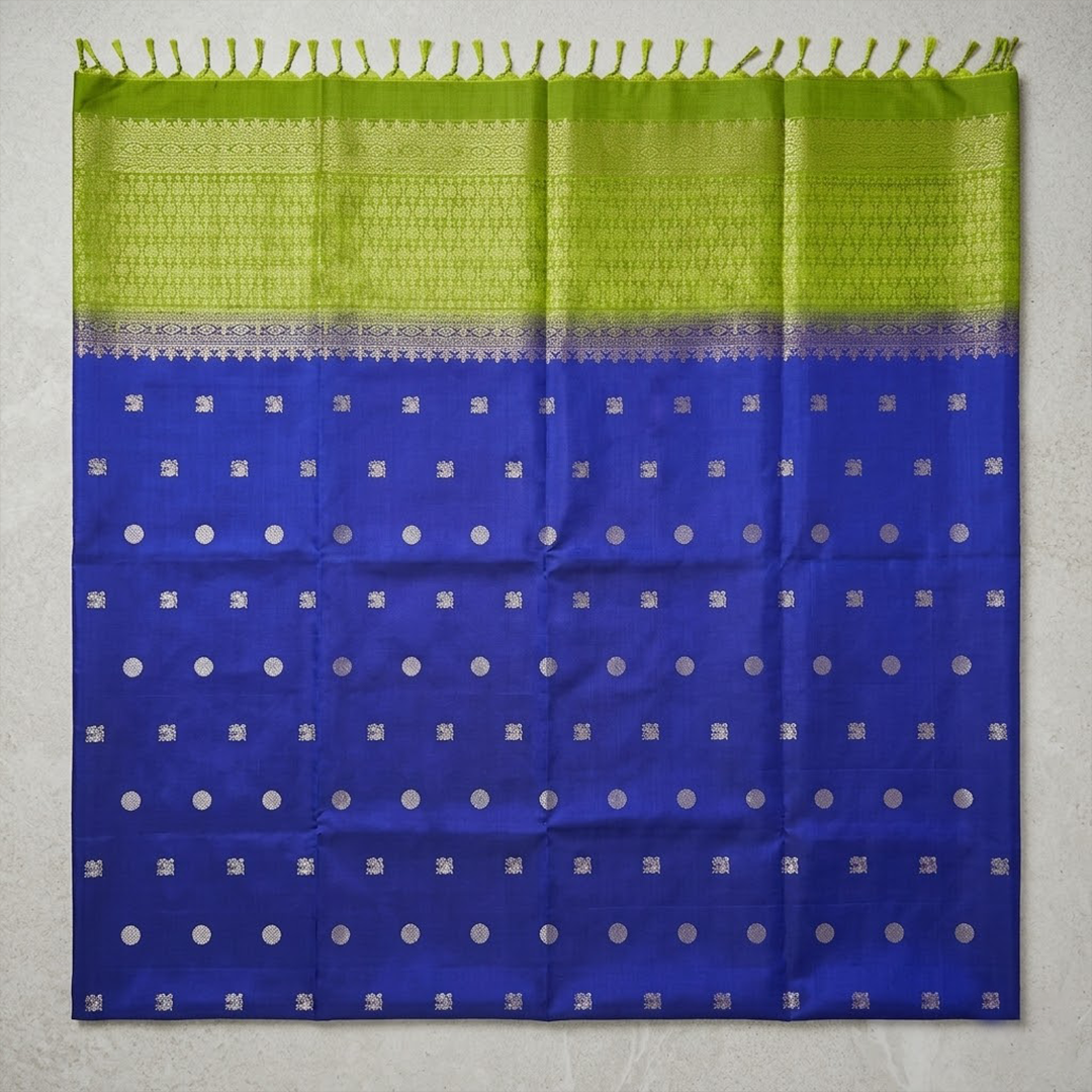 Midnight & Moss: Navy Blue and Olive Green Pure Silk Saree