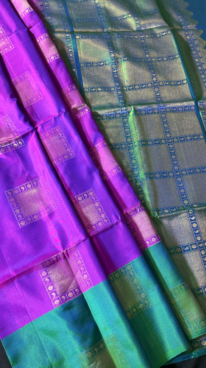 Royal Majenta & Emerald Grid Pure Kanchipuram Silk Saree