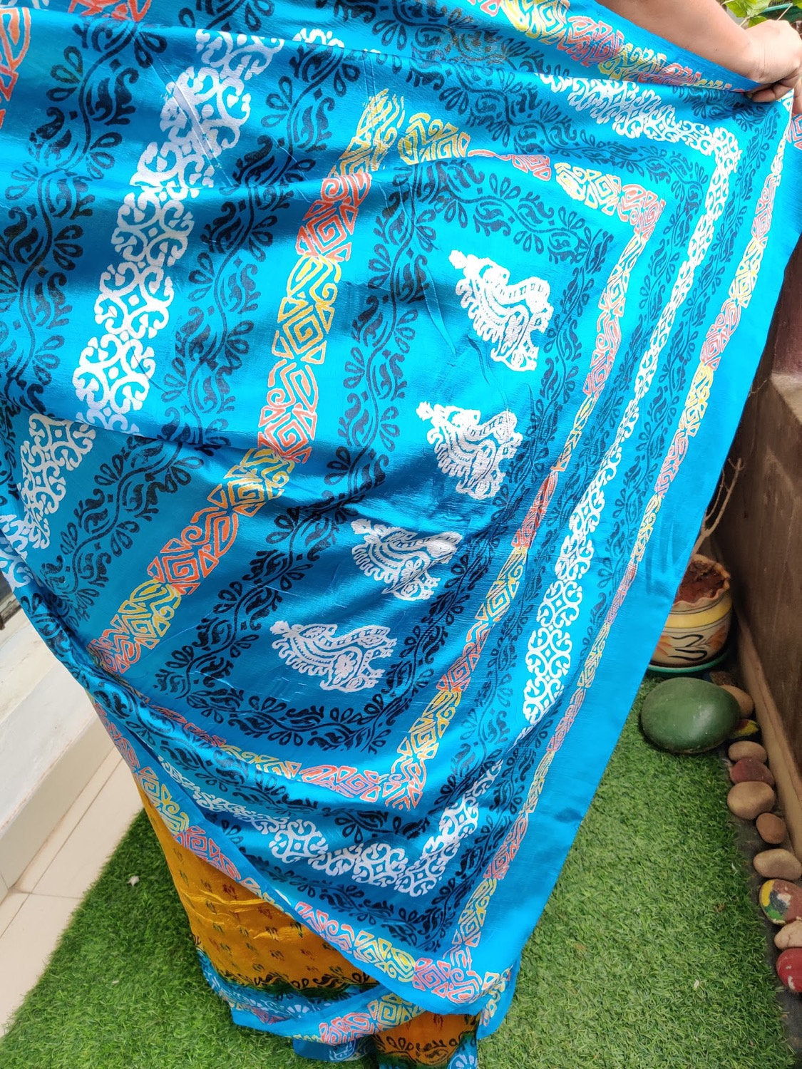 Yellow-blue printed silk