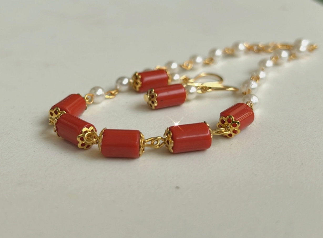 Pure Corals with pearls bracelet and earrings