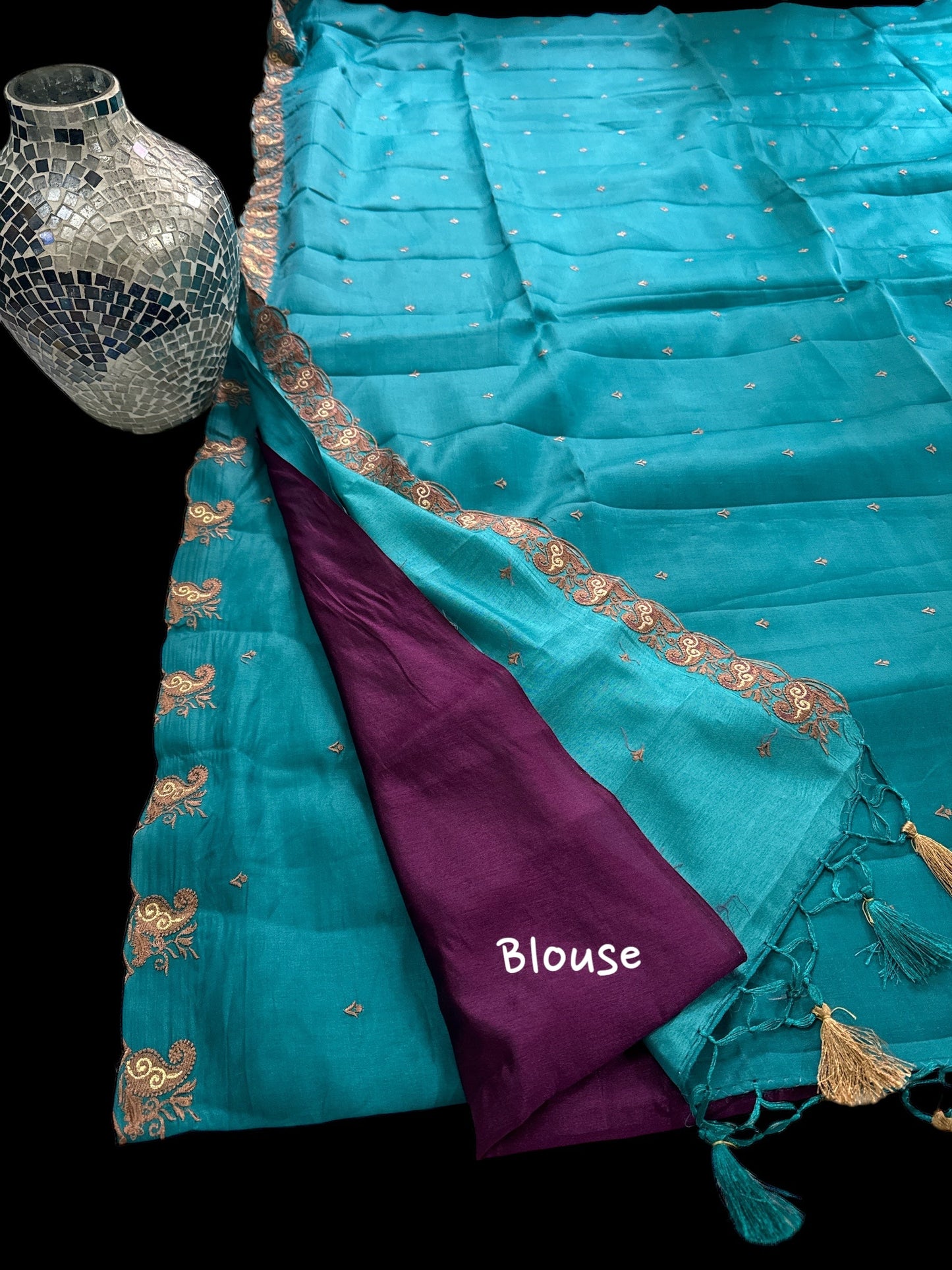 Aqua Raw silk embroidery saree
