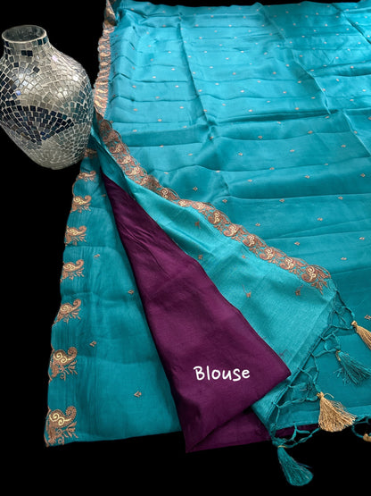 Aqua Raw silk embroidery saree