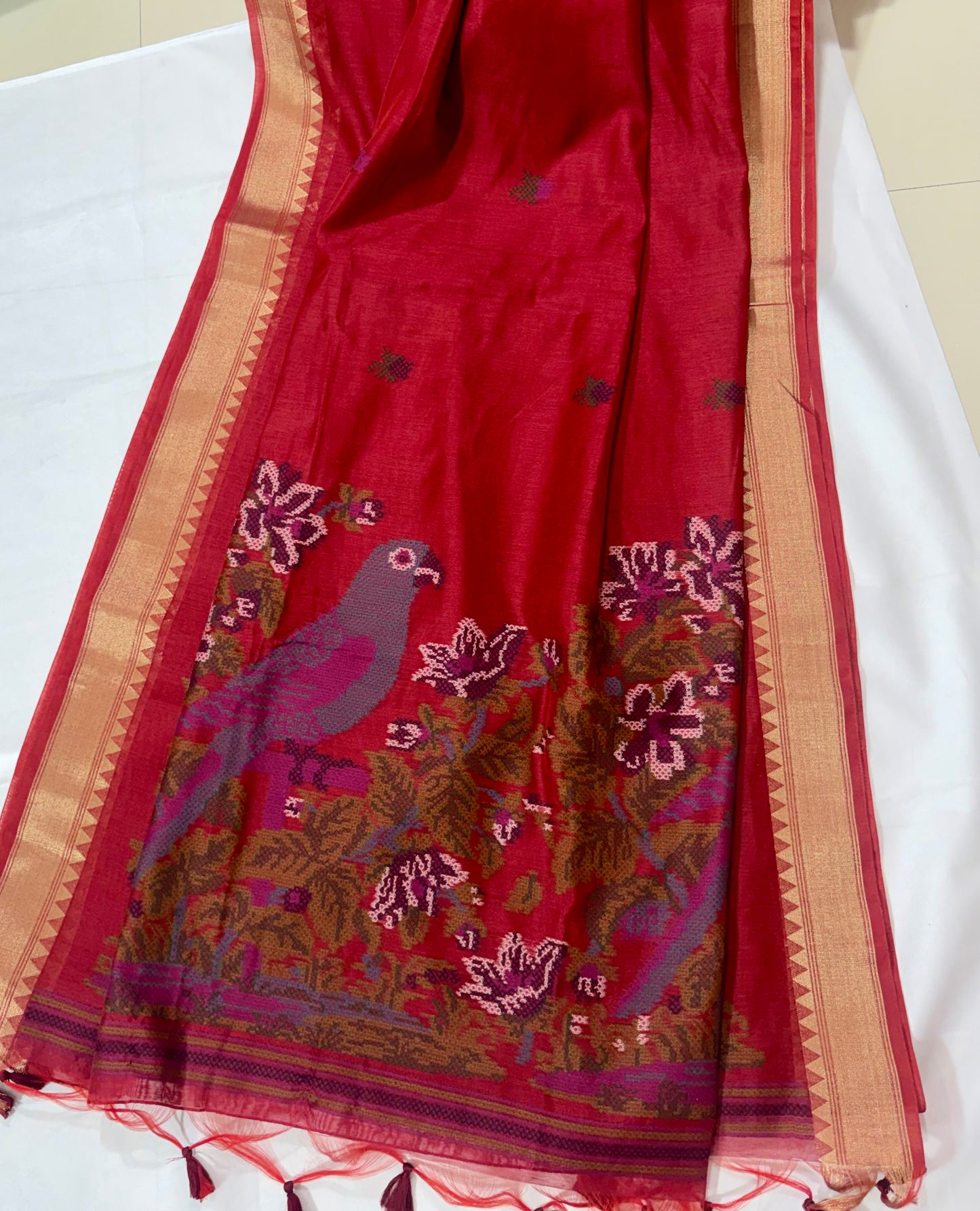 Textured Muga Saree with Woven Parrot Pallu & Temple Zari Border
