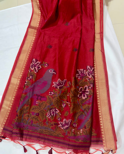 Textured Muga Saree with Woven Parrot Pallu & Temple Zari Border