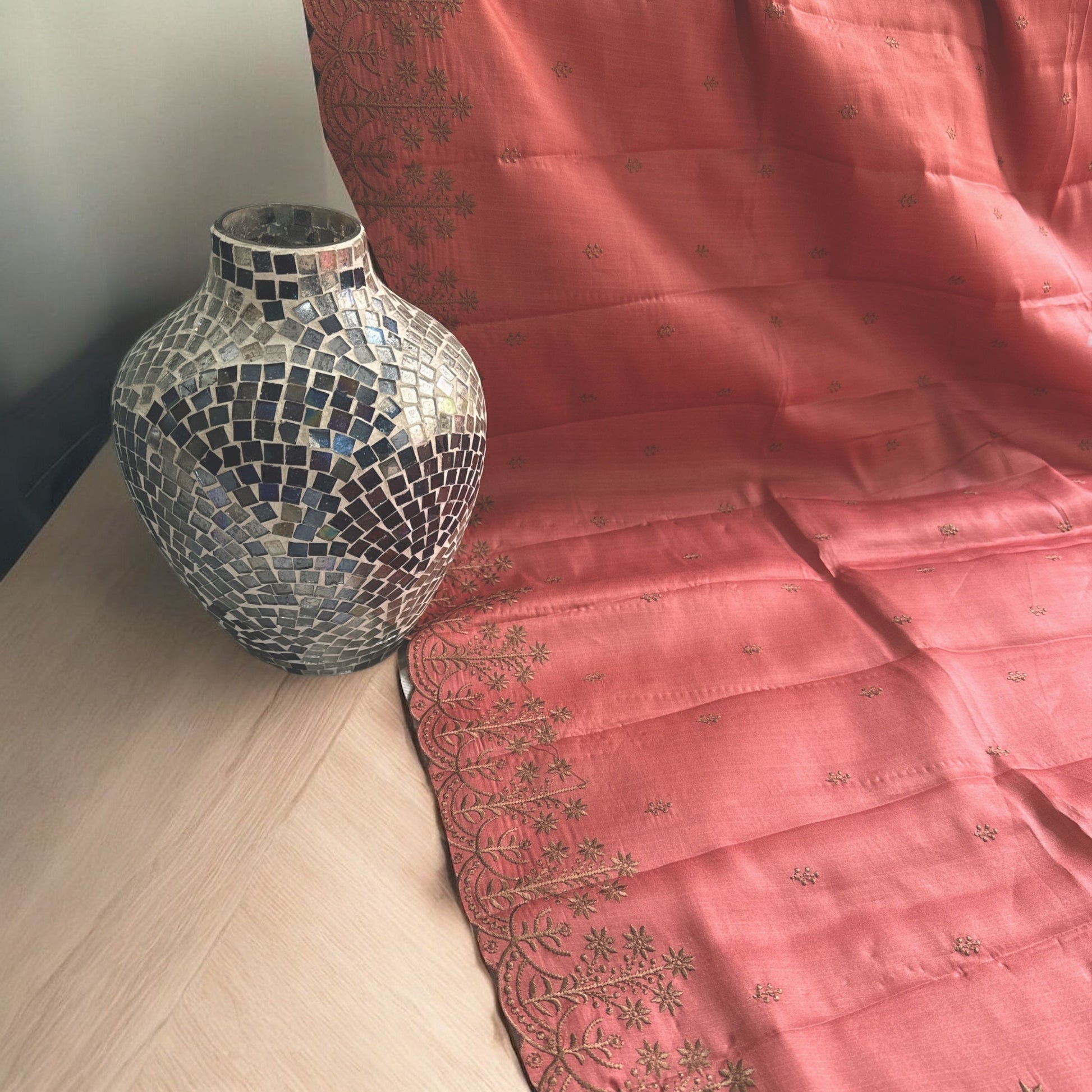 Peach Raw silk embroidery saree