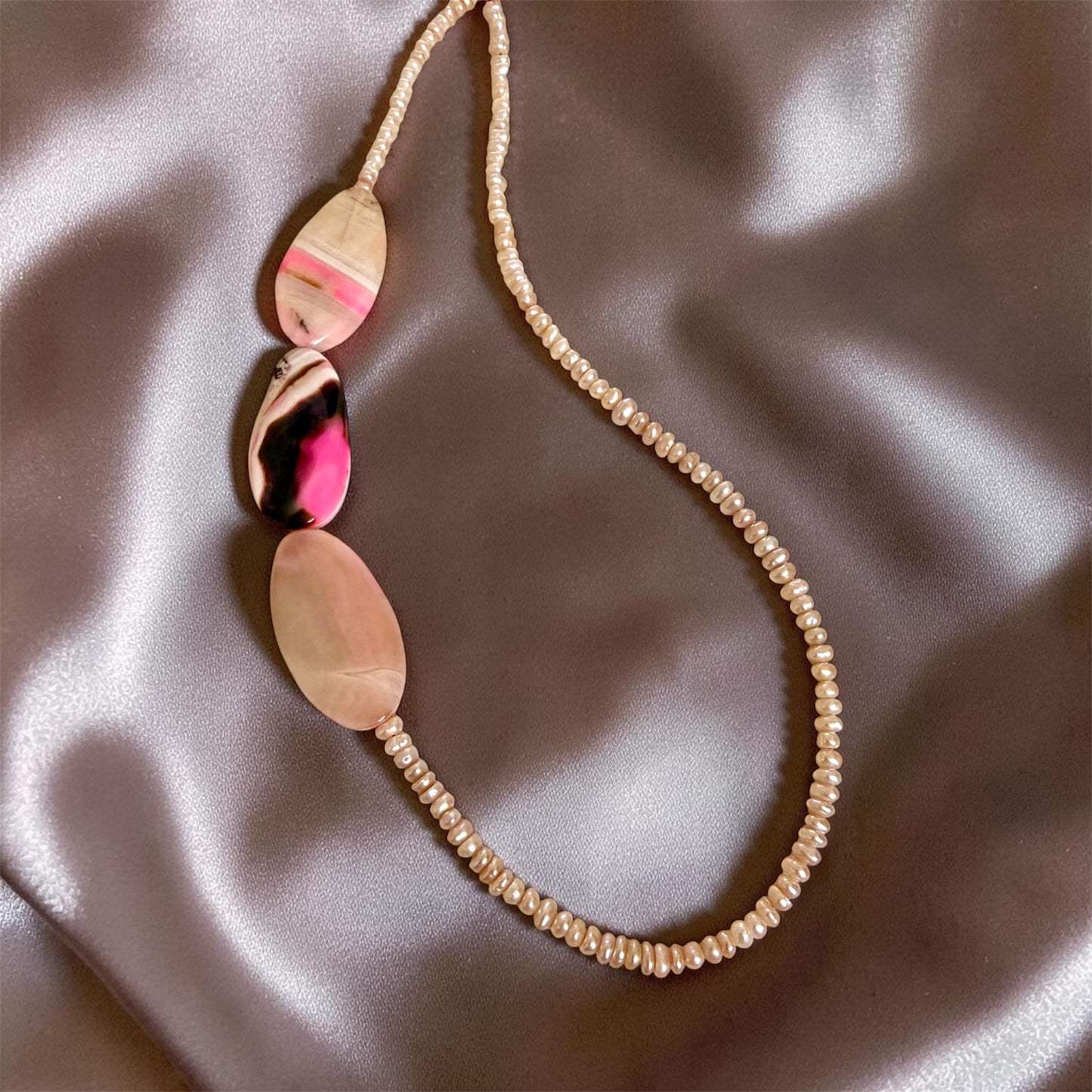Rosé Horizon: Handcrafted Pink Pearl & Striated Agate Asymmetrical Neckpiece