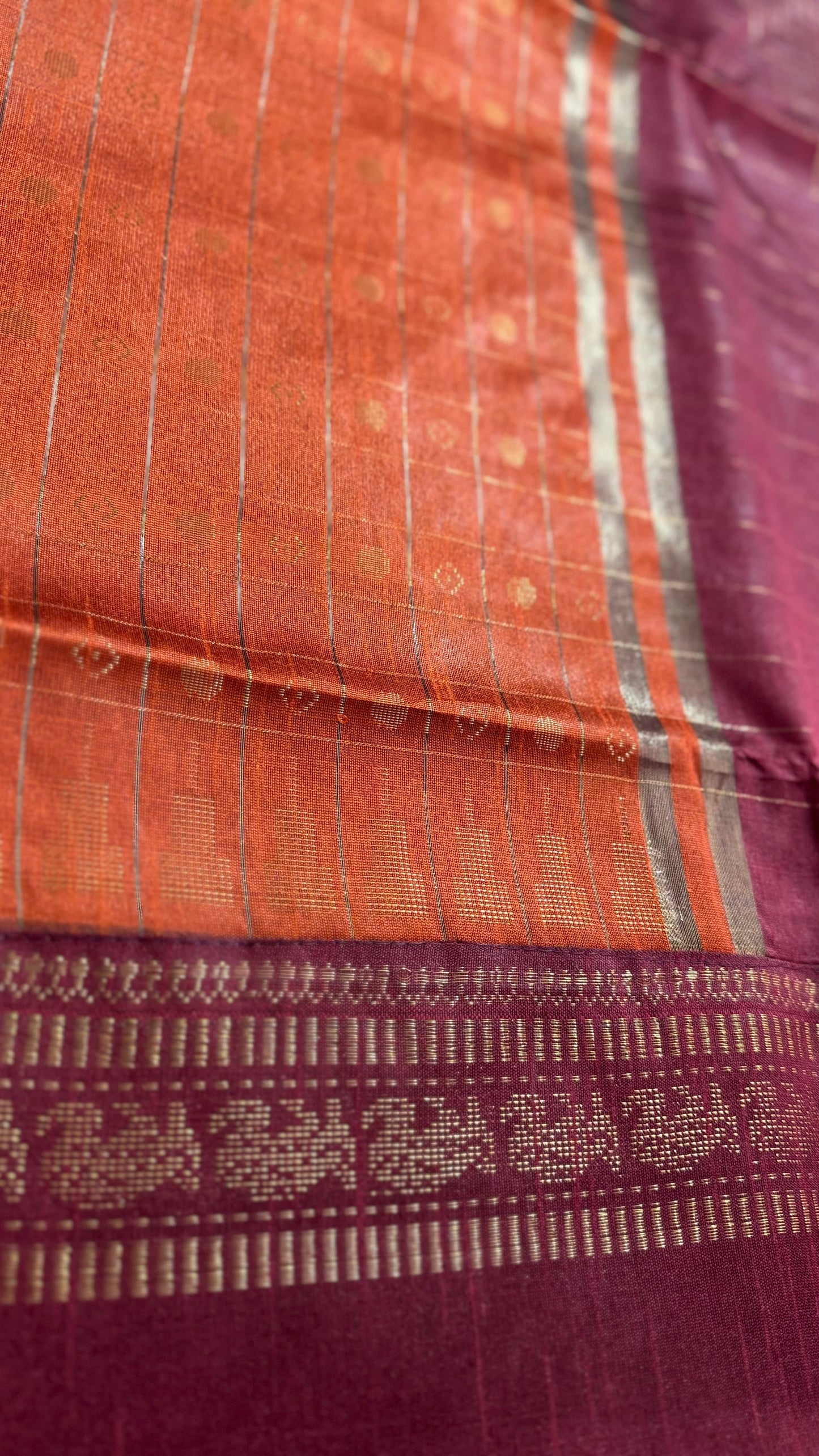 Rust Orange & Maroon Handwoven Tussar Silk Saree