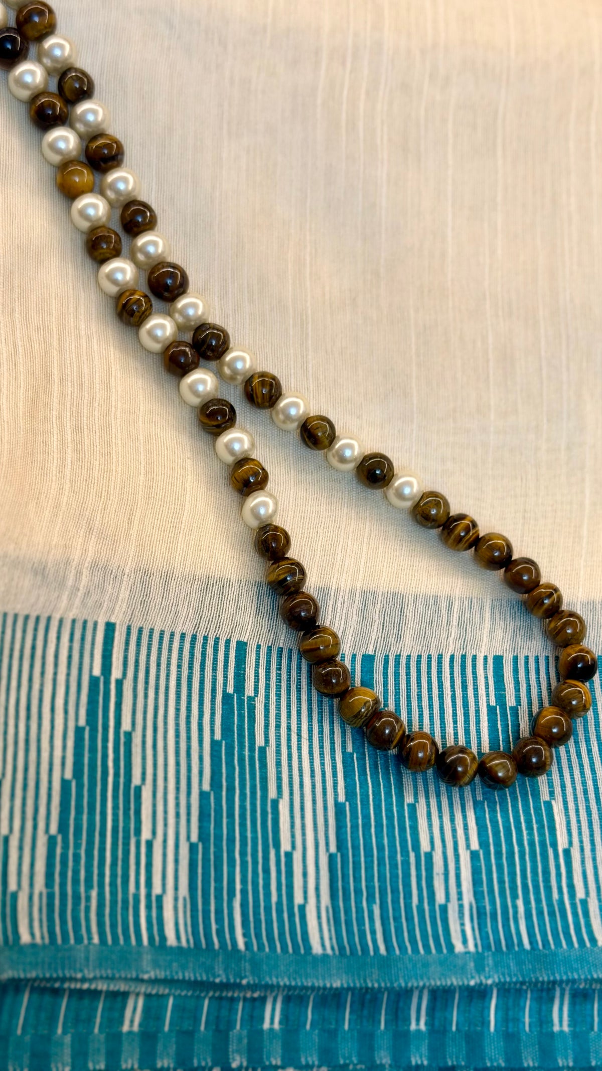 Natural Tiger Eye & Pearl Beaded Necklace Set with Earrings | Hridha