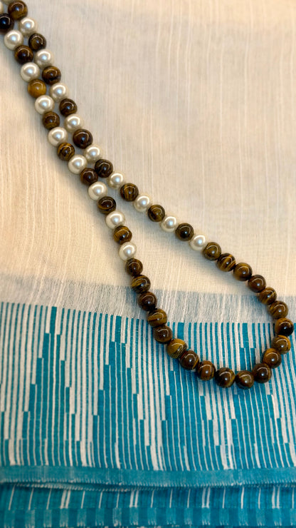 Natural Tiger Eye & Pearl Beaded Necklace Set with Earrings | Hridha