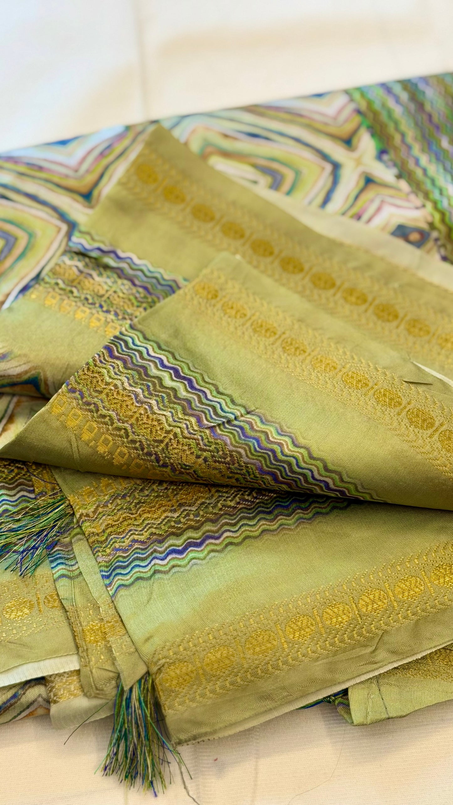The Avant-Garde Mosaic Silk Saree – Olive & Sage with Abstract Geometric Ikats