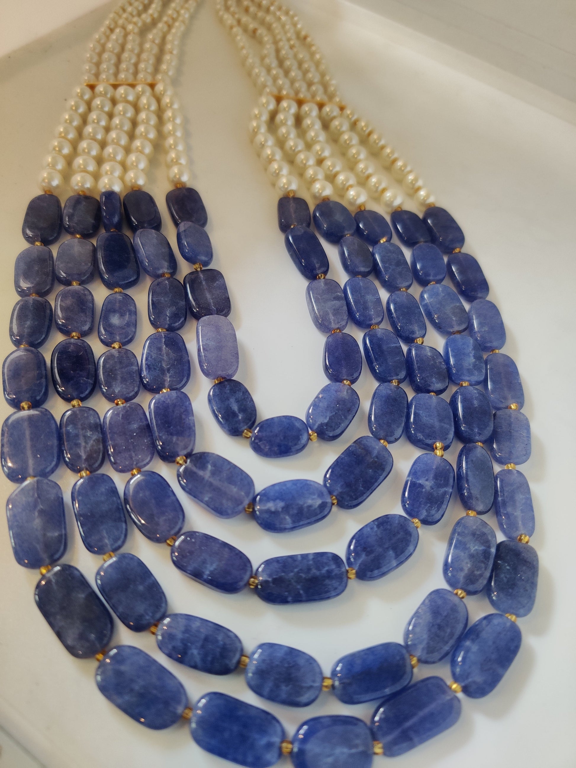 Multi line Pearls with blue semiprecious stones