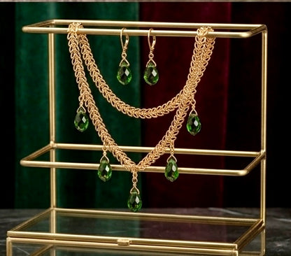 The Verdant Vine: 24K Gold Chevron Link & Emerald-Cut Crystal Jewelry Set