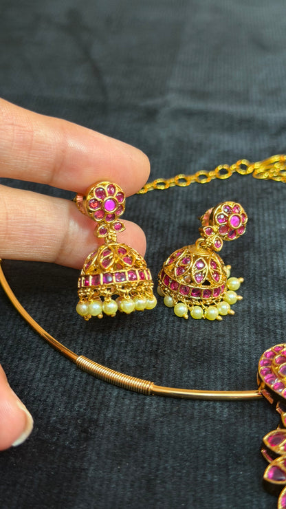 Contemporary Ruby Pink Stone Gold-Plated Pendant Necklace Set with Pearl Jhumkas