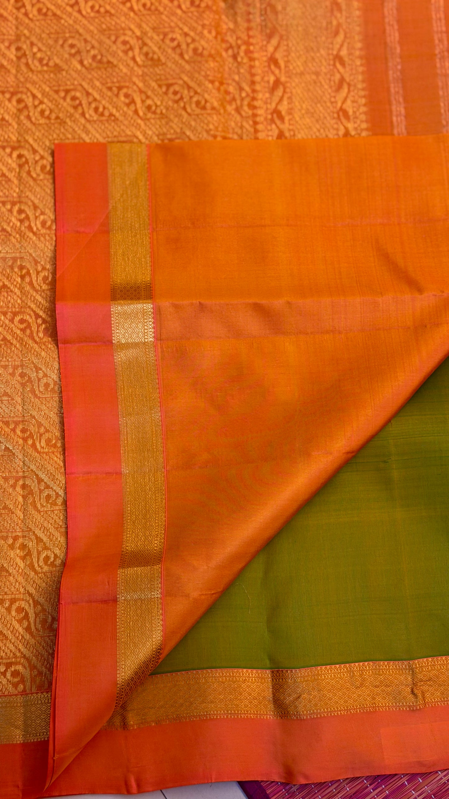 Pure Silk Parrot Green with Coral Pink Zari Border Saree