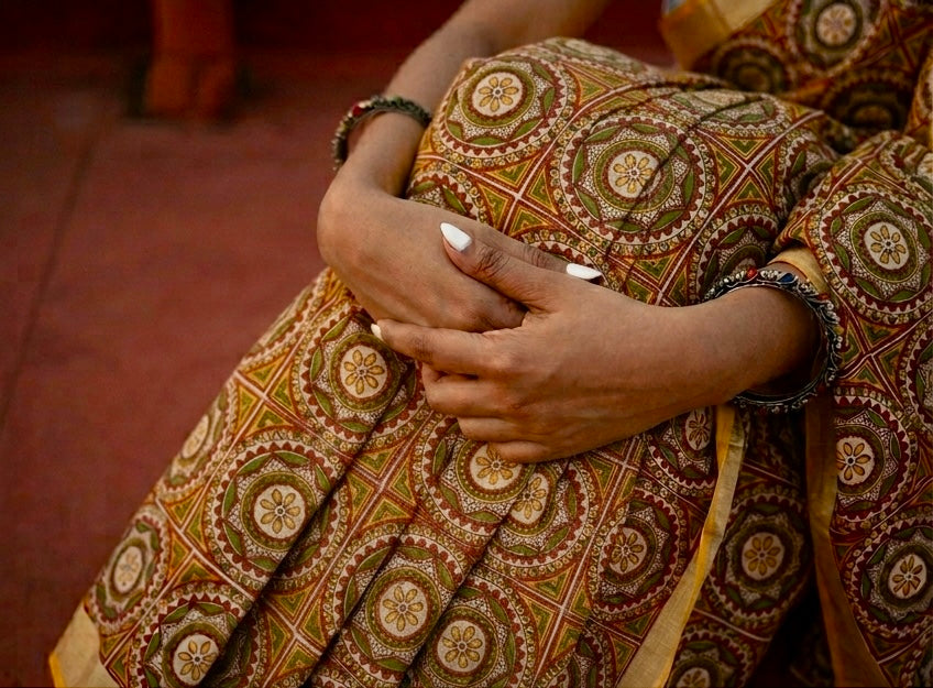 Mustard Partly print cotton saree