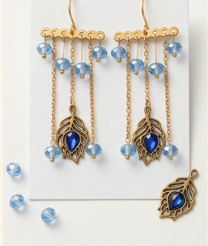 Aurelia Dancing Feather Drop Earrings in Gold and Sapphire Blue