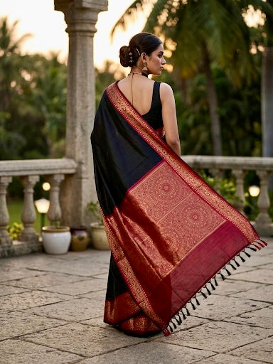 Bright ikkat silk with fully printed pallu