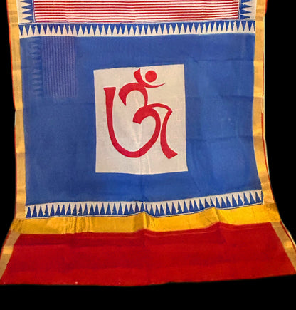 Bright blue block print cotton saree