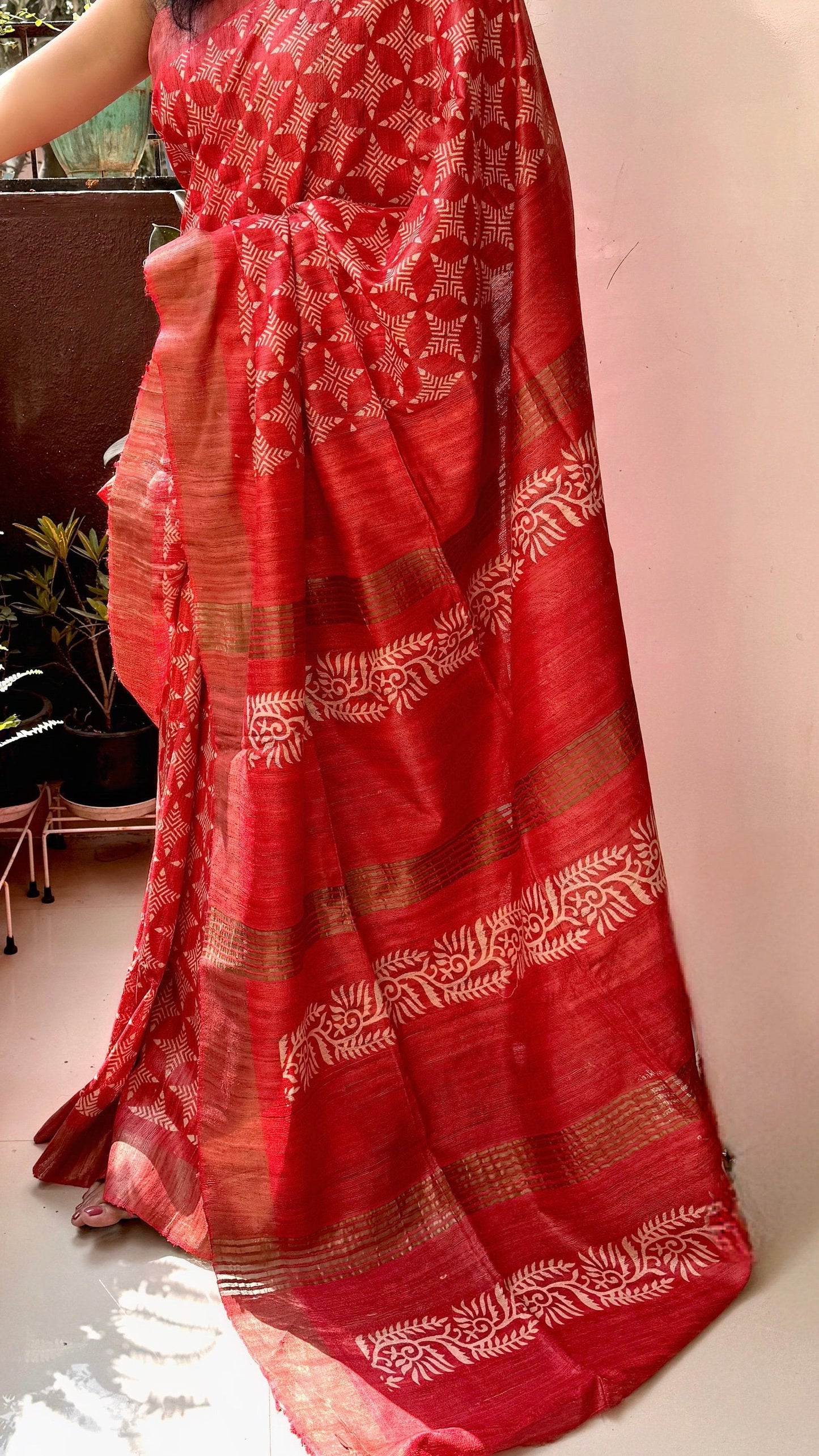 Tussar ghicha saree with block prints