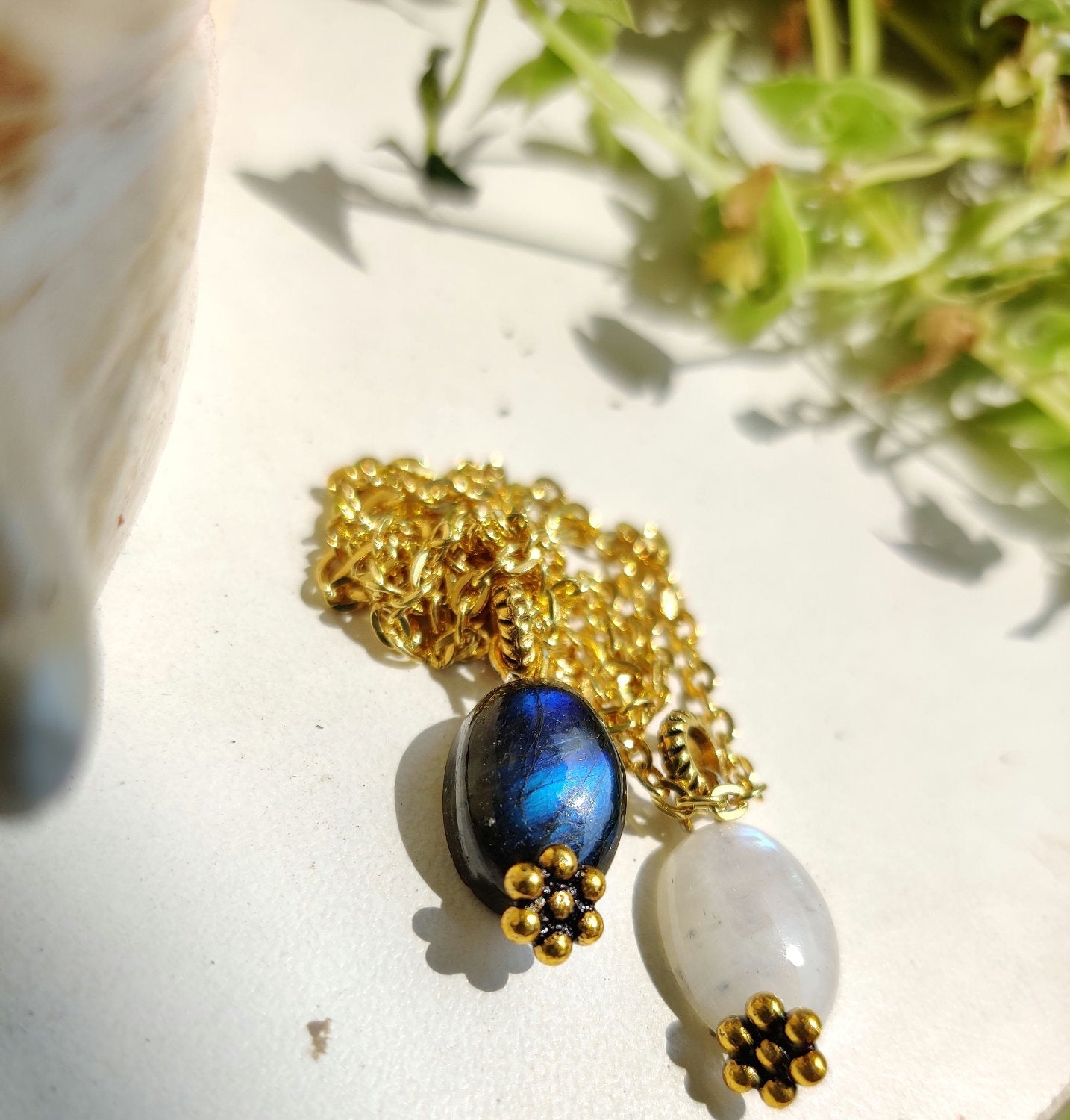 Rainbow moonstone pendant with chain