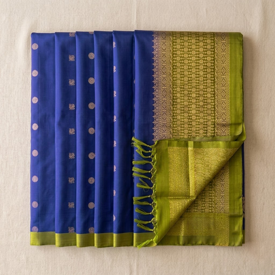Midnight & Moss: Navy Blue and Olive Green Pure Silk Saree