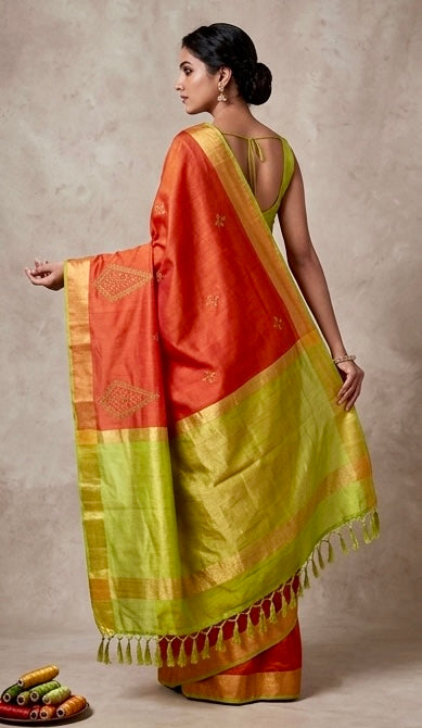 Vibrant Orange Handloom Silk Saree with Contrast Green Pallu & Tassels