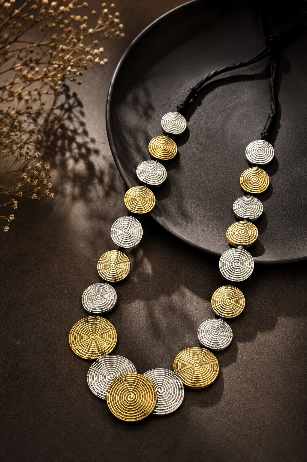 Dual-Tone Handmade Spiral Disc Necklace | Gold & Silver Statement Necklace