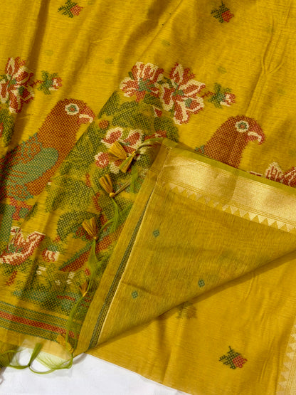 Textured Muga Saree with Woven Parrot Pallu & Temple Zari Border