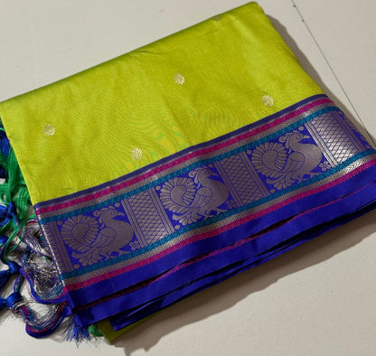 Lime Green Soft Silk Saree with Peacock Zari Pallu & Contrast Border | Hridha