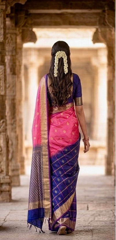 Radiant Rose & Blue: Handwoven Kanjivaram Masterpiece