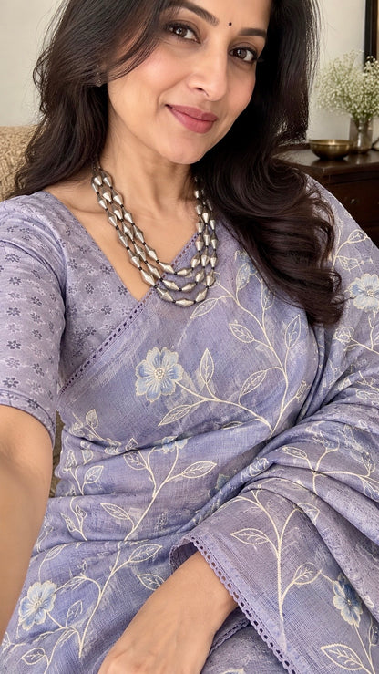 Lavender Kota Silk Saree with Floral Embroidery | Hridha