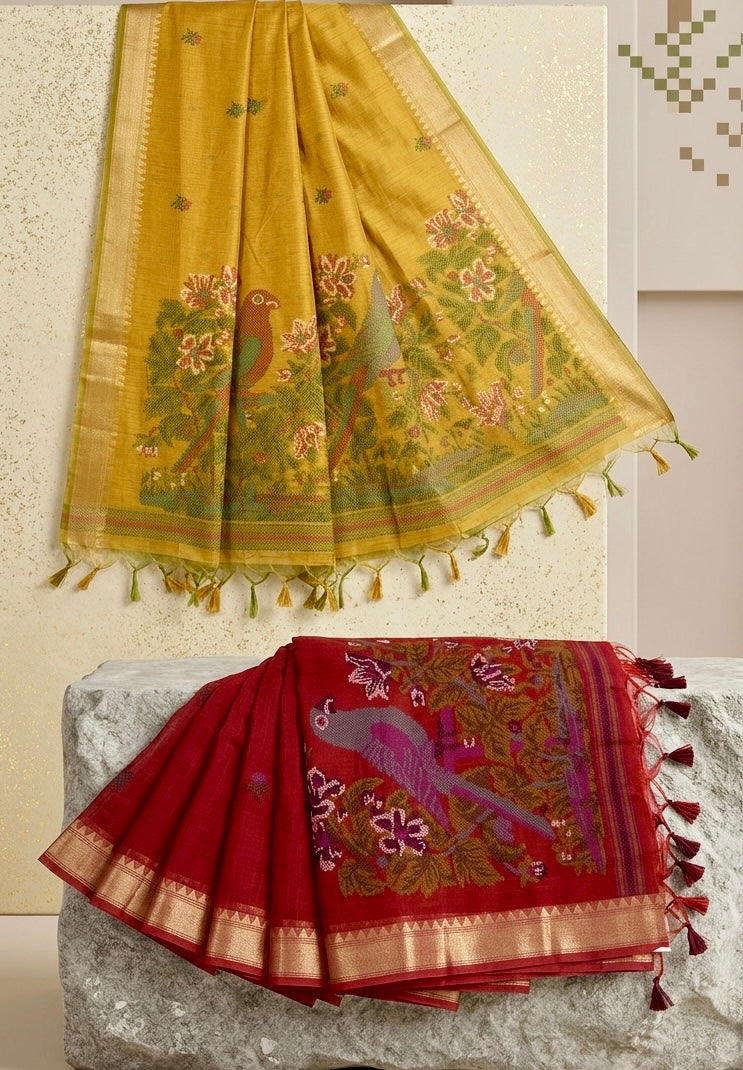 Textured Muga Saree with Woven Parrot Pallu & Temple Zari Border