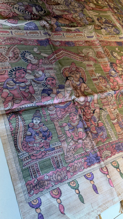 Archaic Elegance: Lilac and Olive Green Kalamkari Tussar Collection