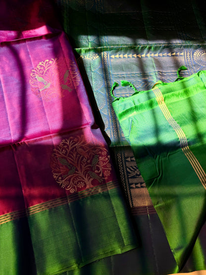 The Artisan’s Soul - The Parrot Grove Pure Silk Saree in Vibrant Magenta and Emerald