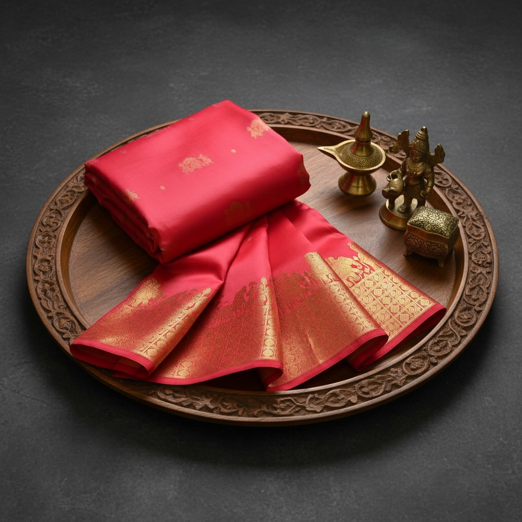 Pure Peach Kanchipuram Silk Saree | Gold Zari Procession Border & Brocade Pallu