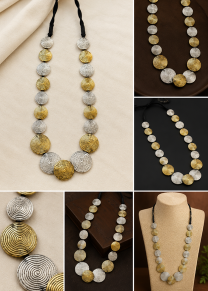 Dual-Tone Handmade Spiral Disc Necklace | Gold & Silver Statement Necklace