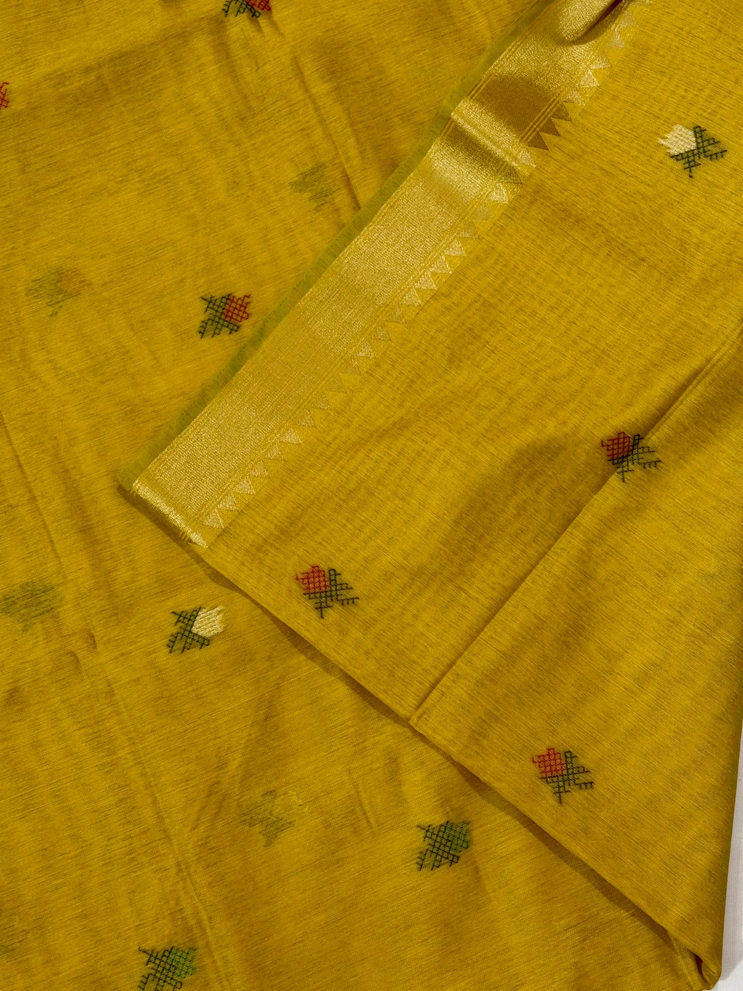 Textured Muga Saree with Woven Parrot Pallu & Temple Zari Border
