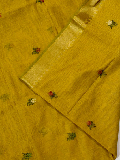 Textured Muga Saree with Woven Parrot Pallu & Temple Zari Border